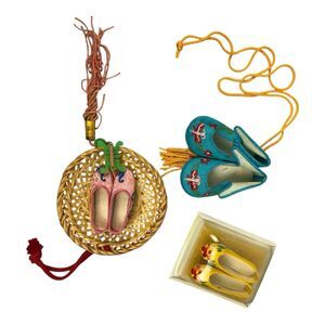 Chinese Wealth, Fortune Decorative Shoes 3 Pair Tassels Hanging Decor
